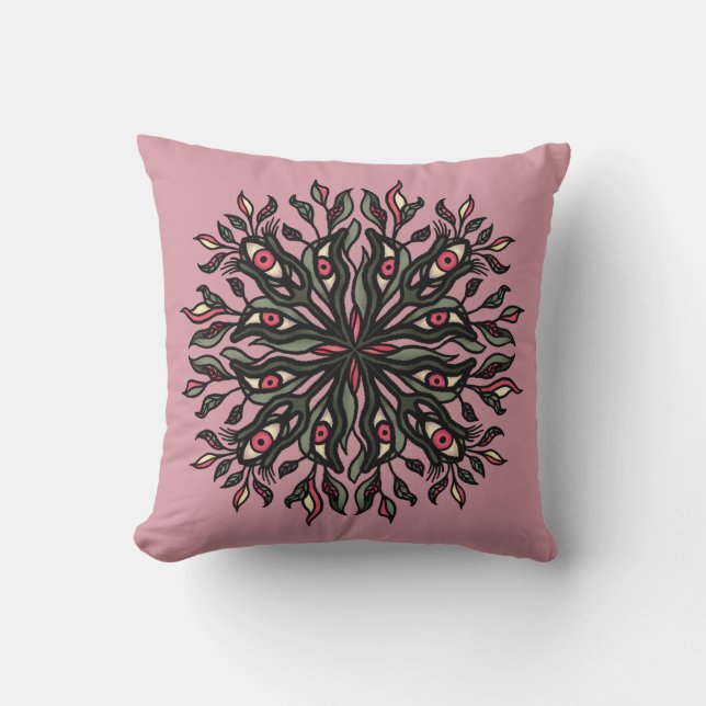 Trippy Plants and Eyes - Psychedelic Botanical Throw Pillow (Front)