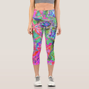 Trippy Psychedelic Hot Pink and Purple Flowers Capri Leggings