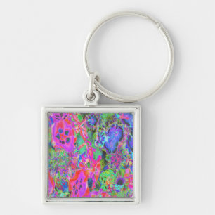 Trippy Psychedelic Hot Pink and Purple Flowers Keychain
