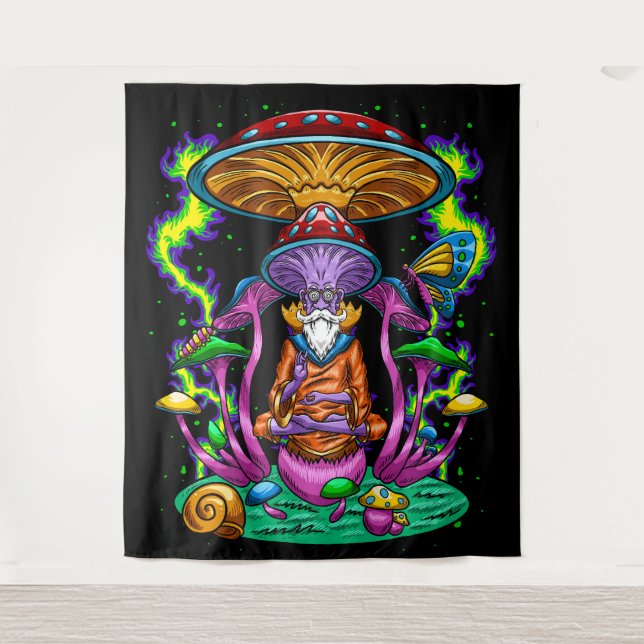 Trippy Psychedelic Mushroom Wizard  Tapestry (Front)