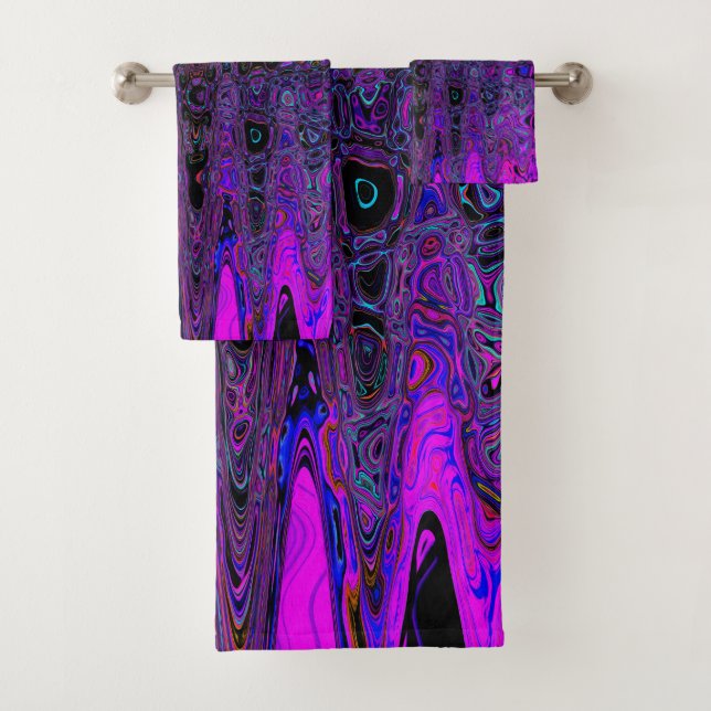 Trippy Purple and Black Retro Atomic Waves Bath Towel Set (Insitu)