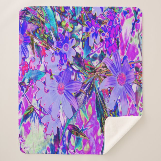 Trippy Purple and Magenta Colourful Wildflowers Sherpa Blanket (Front)