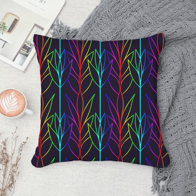 Trippy Rainbow Leafy Pattern Cool Fun Black Modern Throw Pillow (Creator Uploaded)