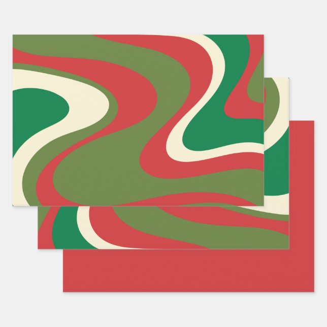 Trippy Retro 60s 70s Swirling Abstract Xmas Red Wrapping Paper Sheet (Set)