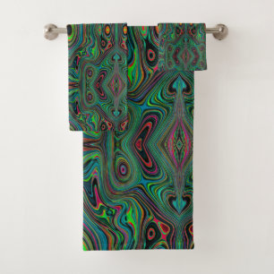 Trippy Retro Black and Lime Green Abstract Pattern Bath Towel Set