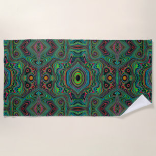 Trippy Retro Black and Lime Green Abstract Pattern Beach Towel