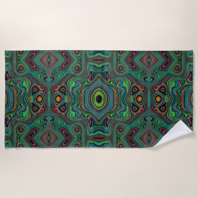 Trippy Retro Black and Lime Green Abstract Pattern Beach Towel (Front)