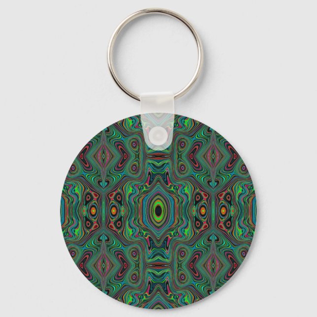 Trippy Retro Black and Lime Green Abstract Pattern Keychain (Front)