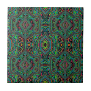 Trippy Retro Black and Lime Green Abstract Pattern Tile