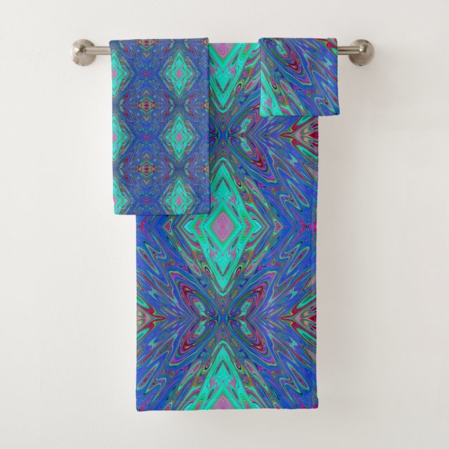 Trippy Retro Blue and Red Abstract Butterfly Bath Towel Set (Insitu)