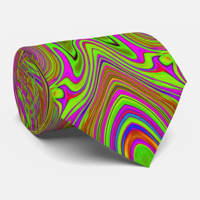 Trippy Retro Chartreuse Magenta Abstract Pattern Tie (Rolled)