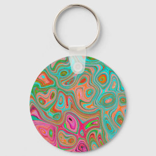 Trippy Retro Orange and Aqua Groovy Abstract Art Keychain