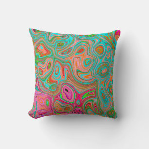 Trippy Retro Orange and Aqua Groovy Abstract Art Throw Pillow