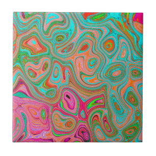 Trippy Retro Orange and Aqua Groovy Abstract Art Tile