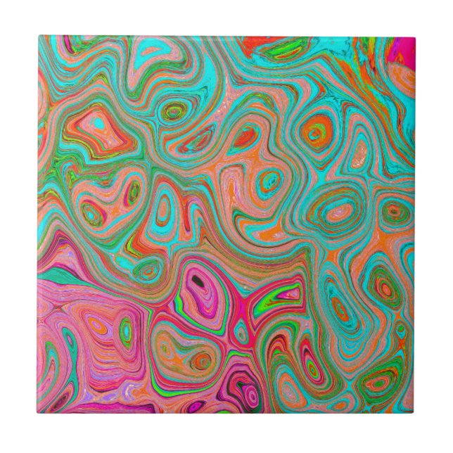 Trippy Retro Orange and Aqua Groovy Abstract Art Tile (Front)