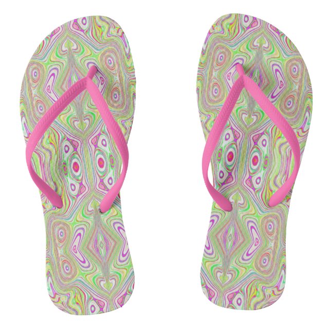 Trippy Retro Pink and Lime Green Abstract Pattern Flip Flops (Footbed)