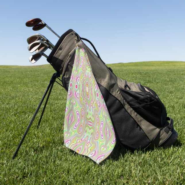Trippy Retro Pink and Lime Green Abstract Pattern Golf Towel (Green)