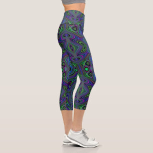 Trippy Retro Royal Blue and Lime Green Abstract Capri Leggings