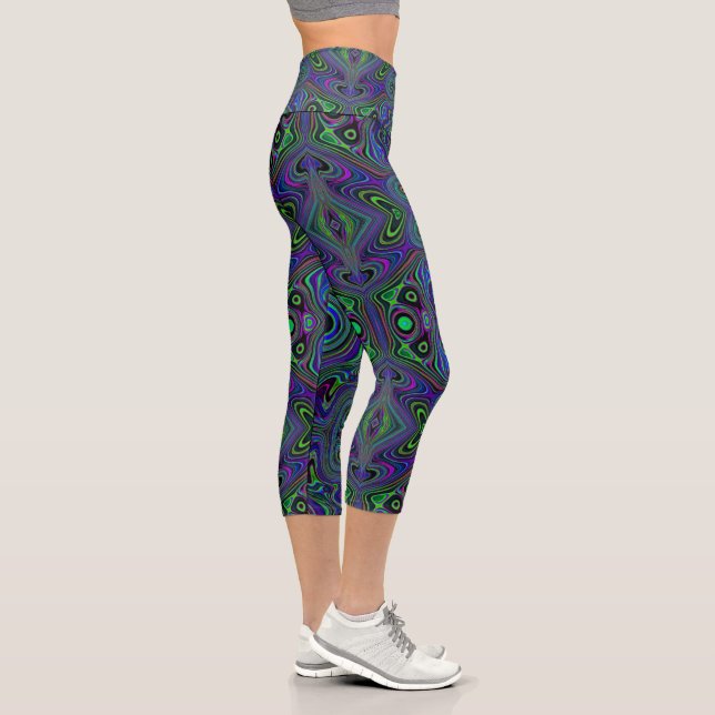 Trippy Retro Royal Blue and Lime Green Abstract Capri Leggings (Right)