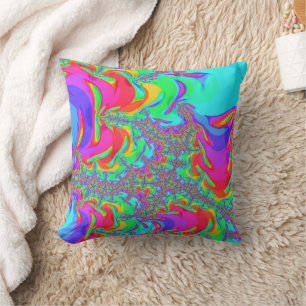 Trippy Retro Vibrant Neon Rainbow Fractal Art Throw Pillow