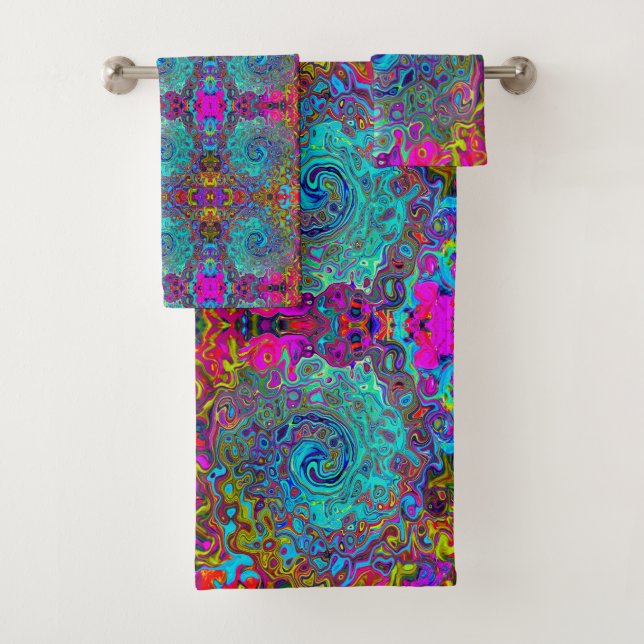 Trippy Sky Blue Abstract Retro Liquid Swirl Bath Towel Set (Insitu)