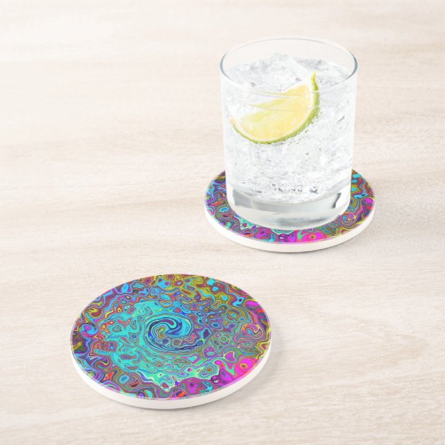 Trippy Sky Blue Abstract Retro Liquid Swirl Coaster (Side)