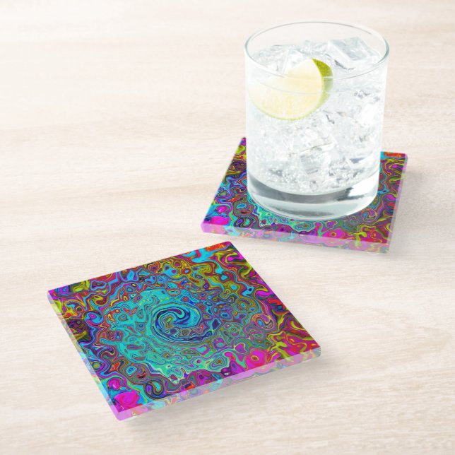 Trippy Sky Blue Abstract Retro Liquid Swirl Glass Coaster (Angled)
