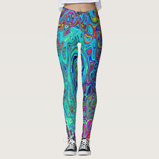 Trippy Sky Blue Abstract Retro Liquid Swirl Leggings (Front)