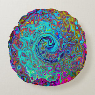 Trippy Sky Blue Abstract Retro Liquid Swirl Round Pillow