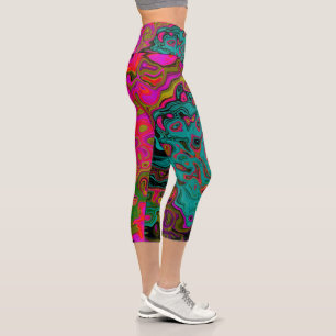 Trippy Turquoise Abstract Retro Liquid Swirl Capri Leggings