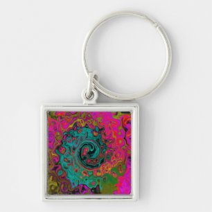 Trippy Turquoise Abstract Retro Liquid Swirl Keychain