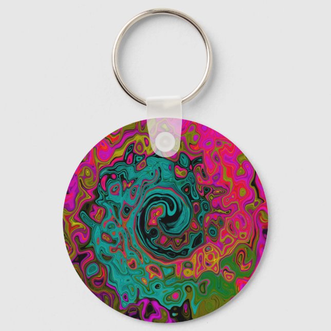 Trippy Turquoise Abstract Retro Liquid Swirl Keychain (Front)