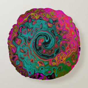 Trippy Turquoise Abstract Retro Liquid Swirl Round Pillow