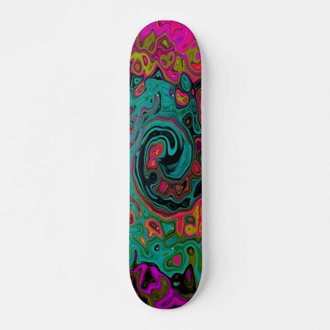 Trippy Turquoise Abstract Retro Liquid Swirl Skateboard (Front)