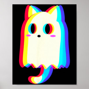 Trippy Vaporwave Ghost Cat Halloween Techno Rave Poster
