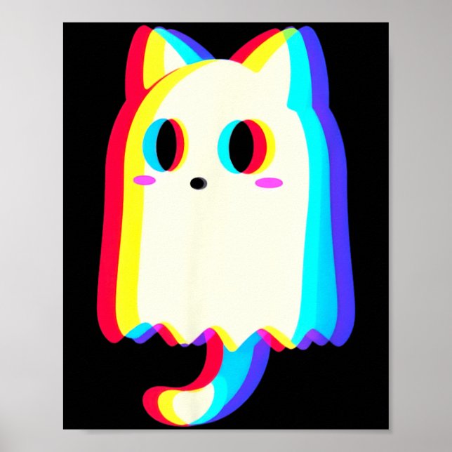Trippy Vaporwave Ghost Cat Halloween Techno Rave Poster (Front)