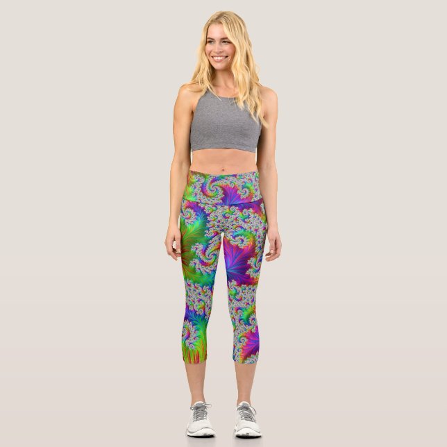 Trippy Vibrant Bold Trippy Rainbow Spiral Fractal Capri Leggings (Front)