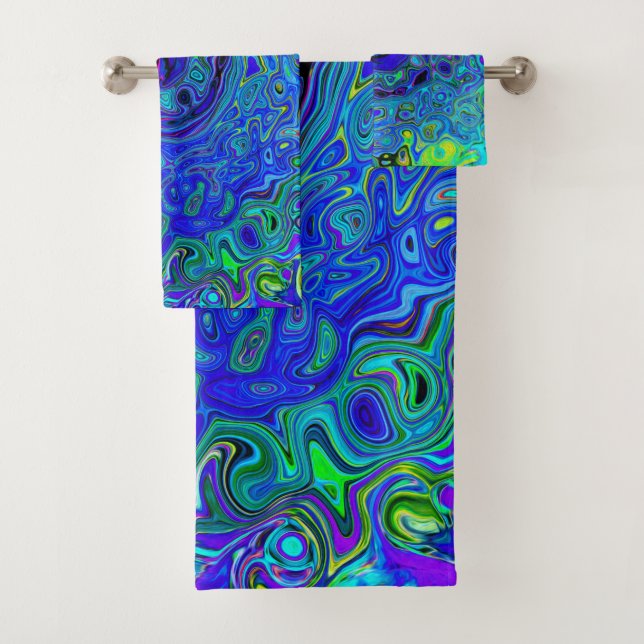 Trippy Violet Blue Abstract Retro Liquid Swirl Bath Towel Set (Insitu)