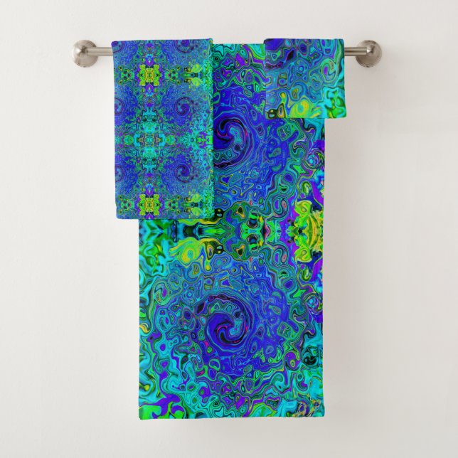 Trippy Violet Blue Abstract Retro Liquid Swirl Bath Towel Set (Insitu)