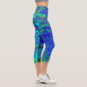 Trippy Violet Blue Abstract Retro Liquid Swirl Capri Leggings