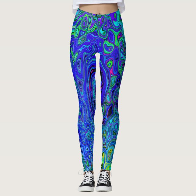 Trippy Violet Blue Abstract Retro Liquid Swirl Leggings (Front)
