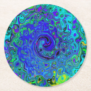 Trippy Violet Blue Abstract Retro Liquid Swirl Round Paper Coaster