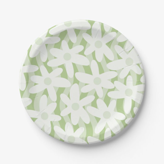 Trippy Wavy Flowers Pastel Sage Green Pattern Paper Plate (Front)