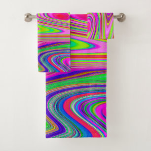 Trippy Yellow and Pink Abstract Groovy Retro Art Bath Towel Set