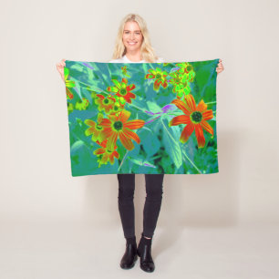 Trippy Yellow and Red Wildflowers on Retro Blue Fleece Blanket