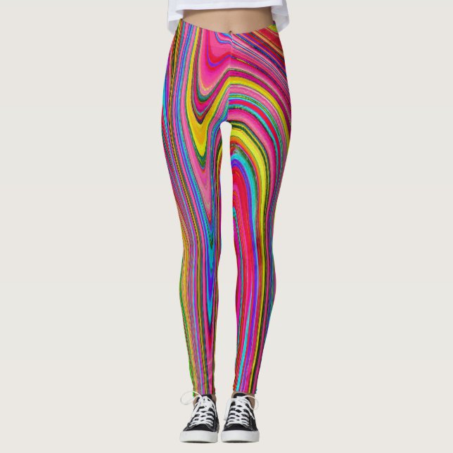 Trippy Yellow, Red and Blue Abstract Groovy Art Leggings (Front)