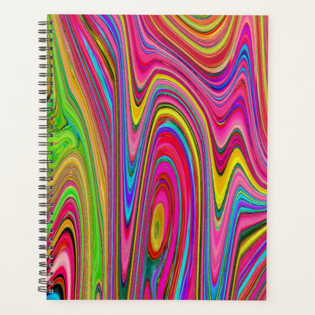 Trippy Yellow, Red and Blue Abstract Groovy Art Planner (Front)