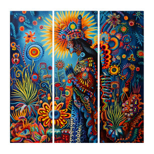 Triptyque Motif tribal Abstrait et dynamique de Huichol