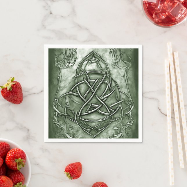 Triquetra Trinity Knot Sage Green Faux Metallic Napkin (Insitu)