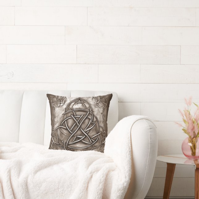 Triquetra Trinity Knot Sepia Faux Metallic Tin Throw Pillow (Couch)